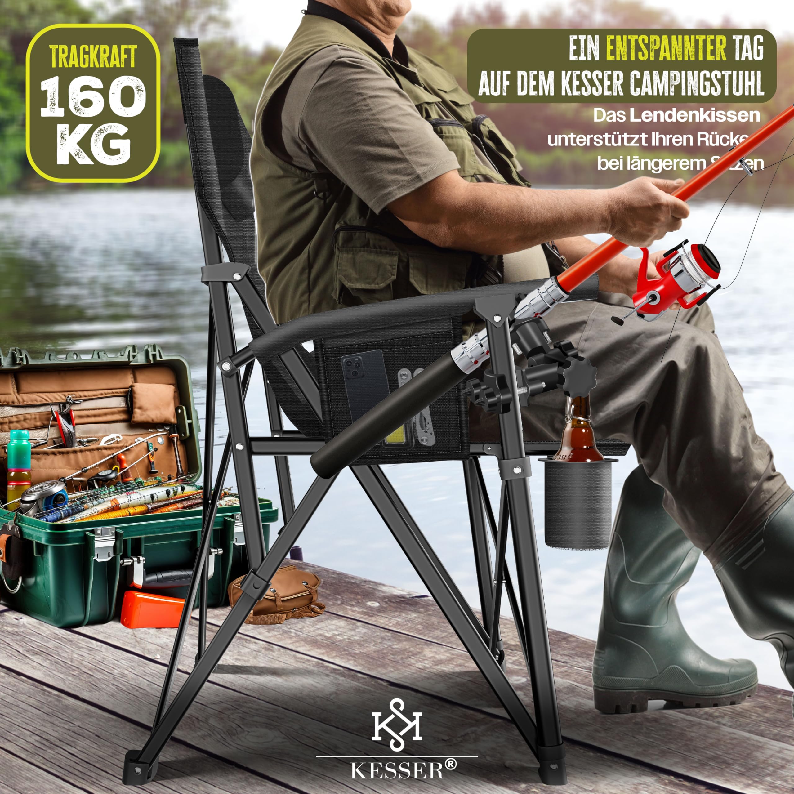 KESSER® Campingstuhl faltbar bis 160 kg | Angelstuhl Faltstuhl Klappstuhl Gepolstert mit Armlehnen | Campinglicht und Getränkehalter + Tasche mit hoher Rückenlehne | Strandstuhl mit Angelhalterung