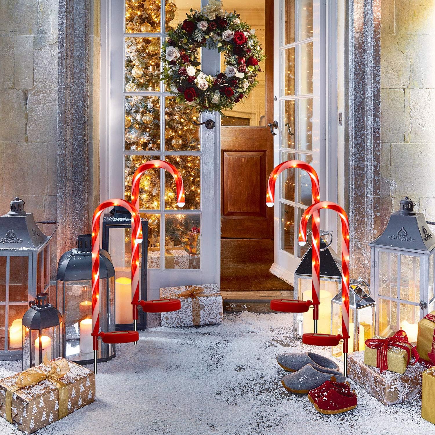 Candy Cane Solar Lights Christams Ourdoor Decoration Clearance - 4 Pack Outdoor Candy Cane Stakes with Built-in LED Lights for Pathway Walkway Christmas Decorations, 23 inch