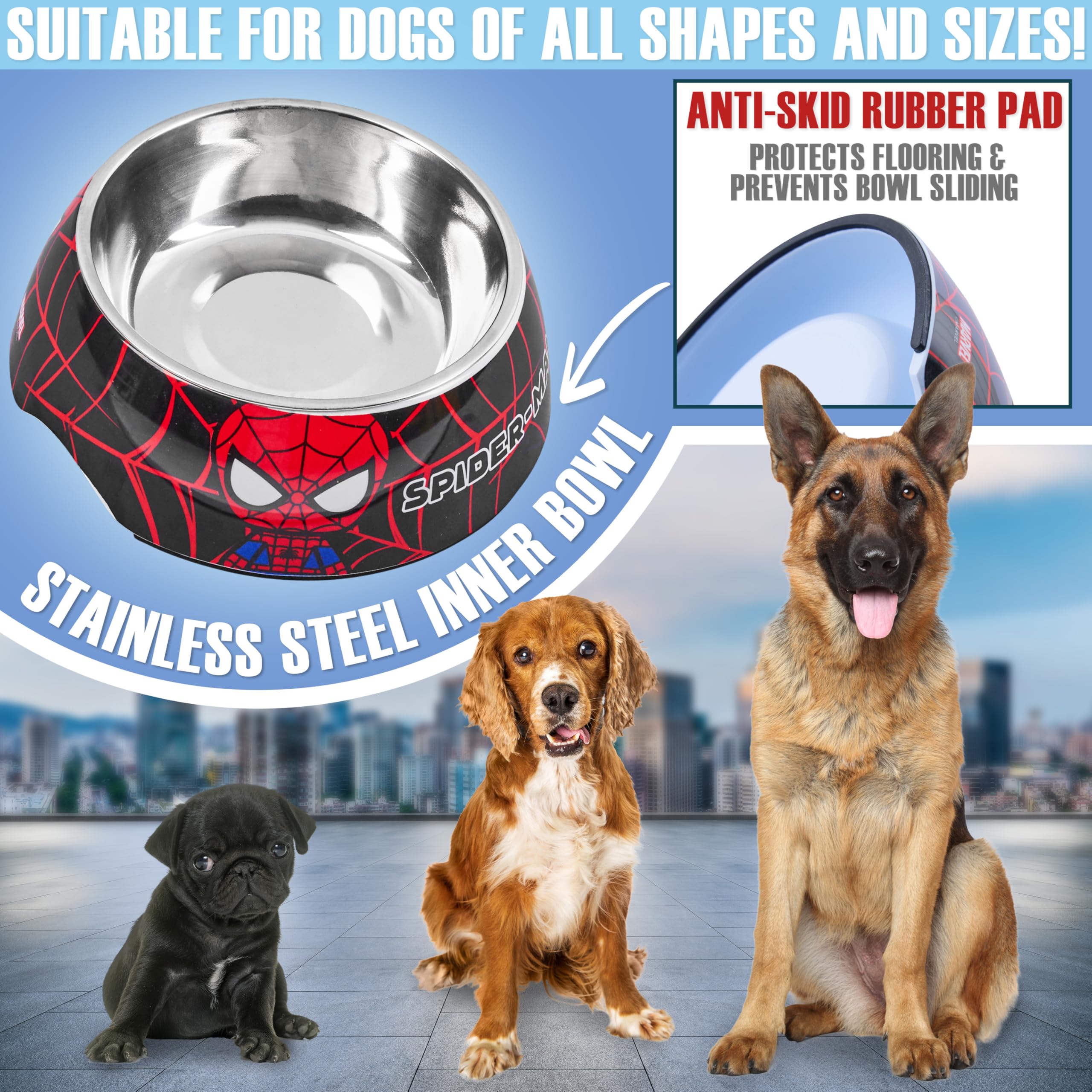 Disney Stitch Ciotole per Cani - Set Regalo Ciotola per Cani Antiscivolo e Peluche con Squeak (Spiderman Rosso/Blu)