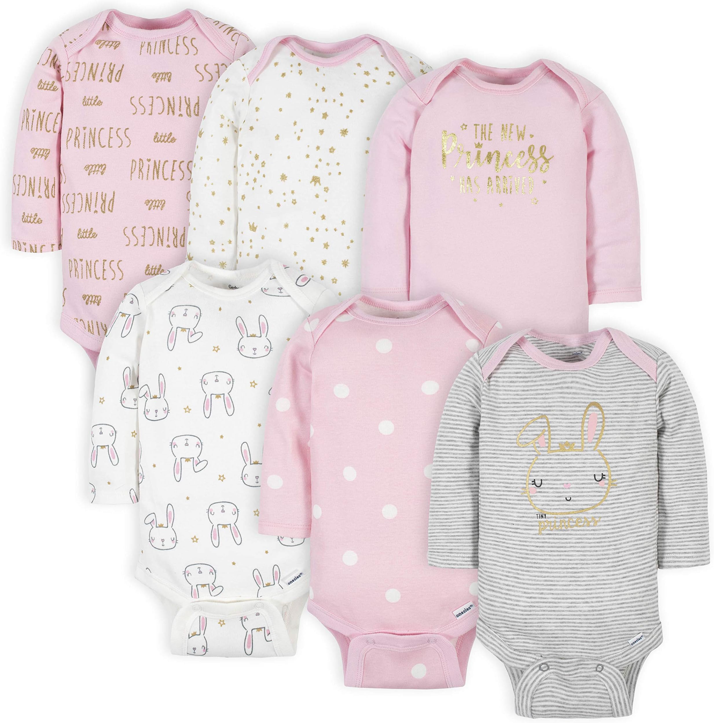 GerberBaby Girls 6-Pack Long-Sleeve Onesies Bodysuits Baby and Toddler T-Shirt Set