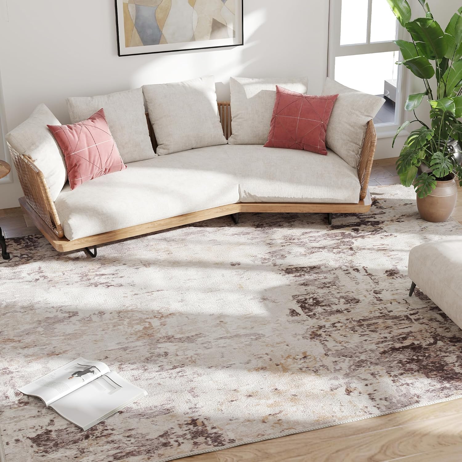 HOMCOM Area Rug 8x10, Machine Washable Rug, Distressed Non-Slip Modern Abstract Floor Cover Foldable Carpet for Living Room, Bedroom, Dining Room, Mixed-Brown