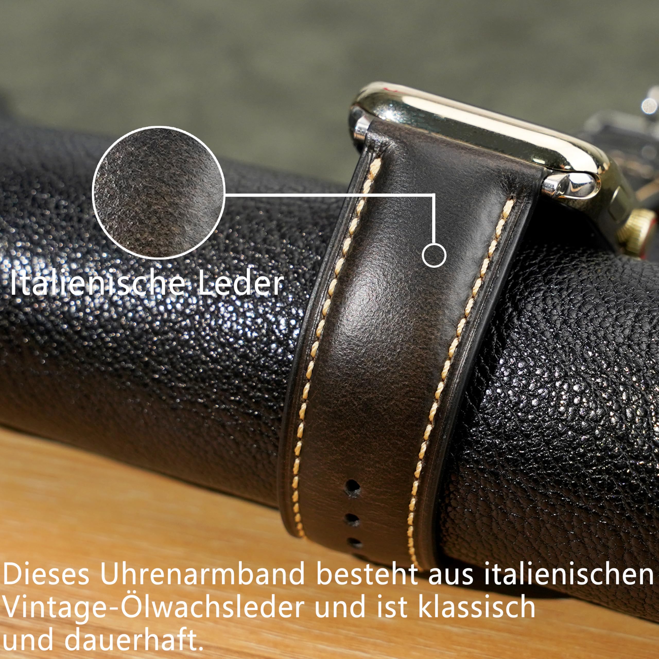 Vintage Leather Bands Compatible with Apple Watch Band 38 40 41 42 44 45 49mm,Wax Oil-tanned Leather Strap for Men iWatch Series 9/8/7/6/5/4/3/2/1 SE SE2 SE3 (Ash Black - Image 3