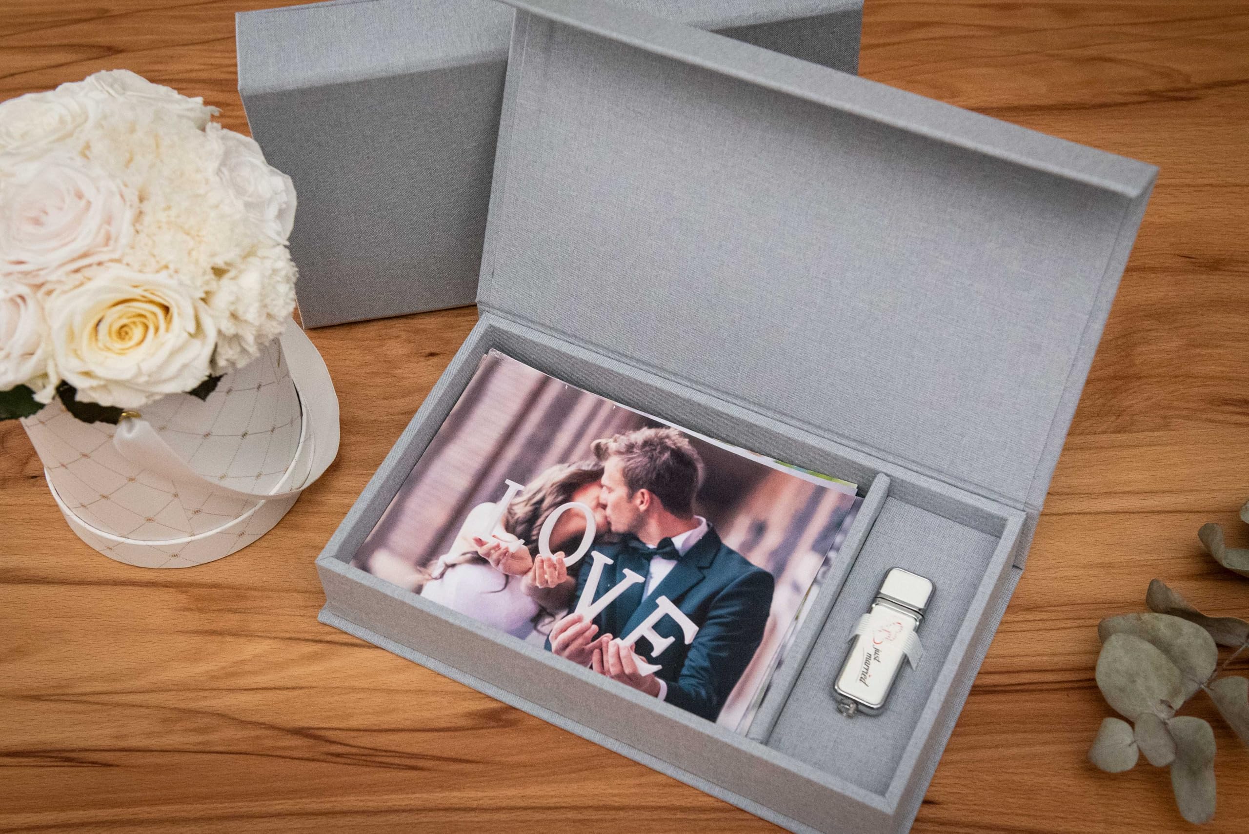 Contenitore USB per matrimonio, con scatola fotografica, 13 x 18 cm, tessuto di lino (HGray)