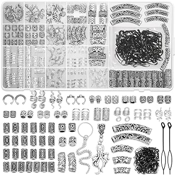 Jollidecor 247Pcs Viking Hair Accessories Norse Runes Tube Beads Metal Cuffs Clips Rings, Dreadlock Beads Braids Locs Hair Jewelry Set for Women Men Beard Decoration Bracelets Necklace DIY Silver