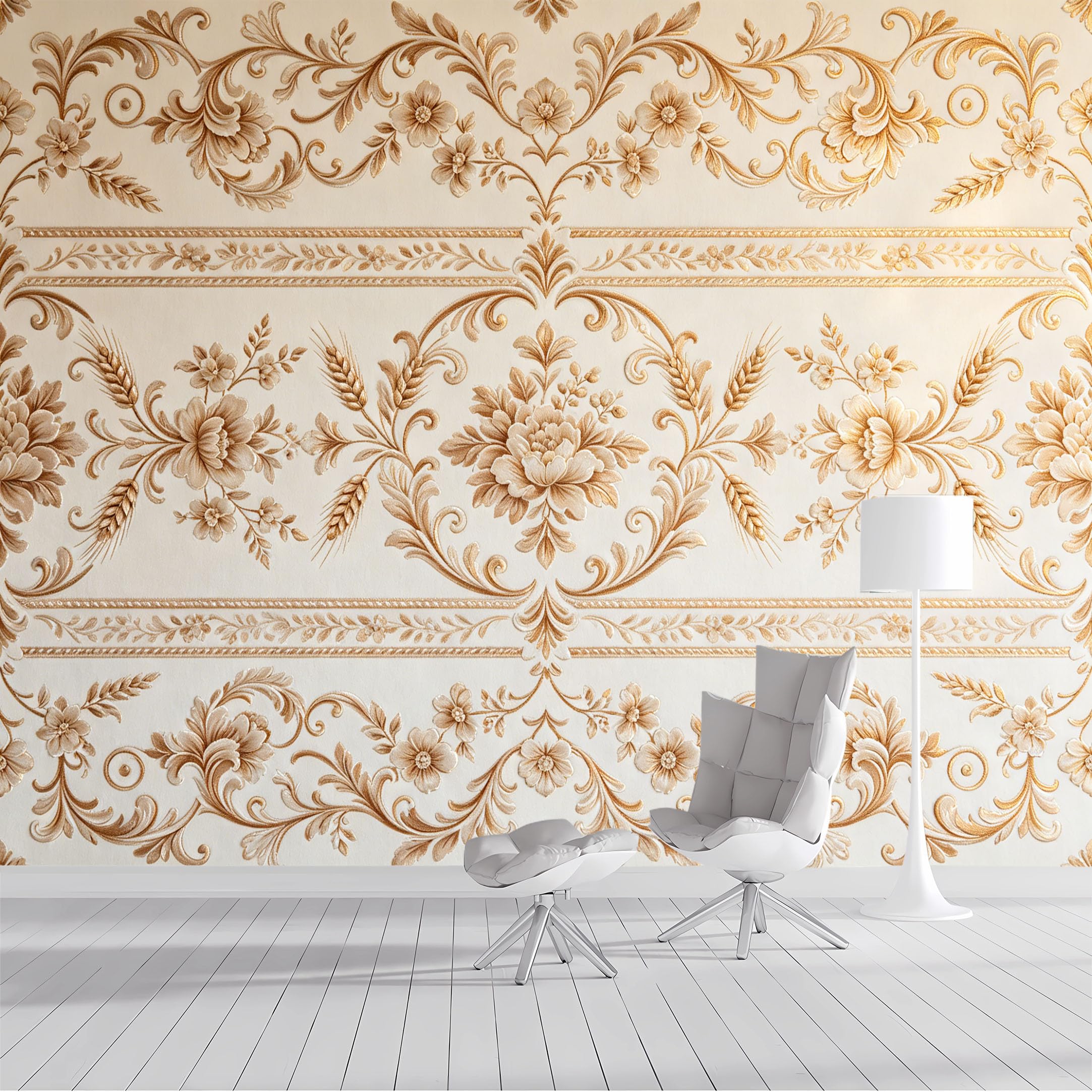 Custom Size Wall Mural Baroque Floral Wheat Scroll Classic Ornament Embossed Texture SelfAdhesive Wall Fabric Removable Peel and Stick Wallpaper Wall Decor for Living Room Bedroom Bathroom