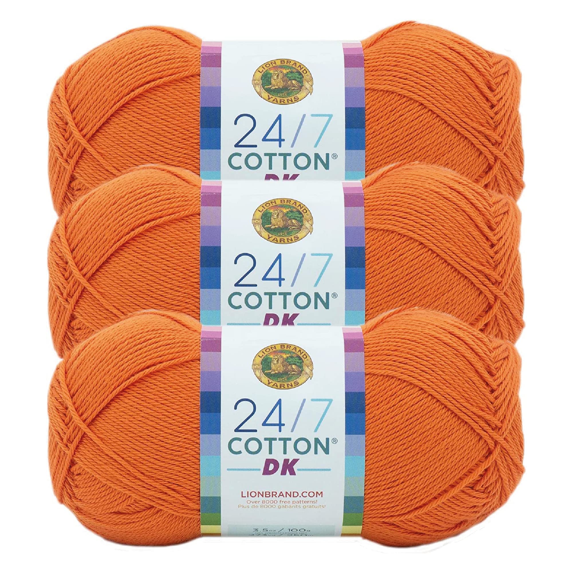 Lion Brand Yarn, 24/7 Cotton DK Crochet Yarn, Tamarin, Orange, 3 Pack — image 1