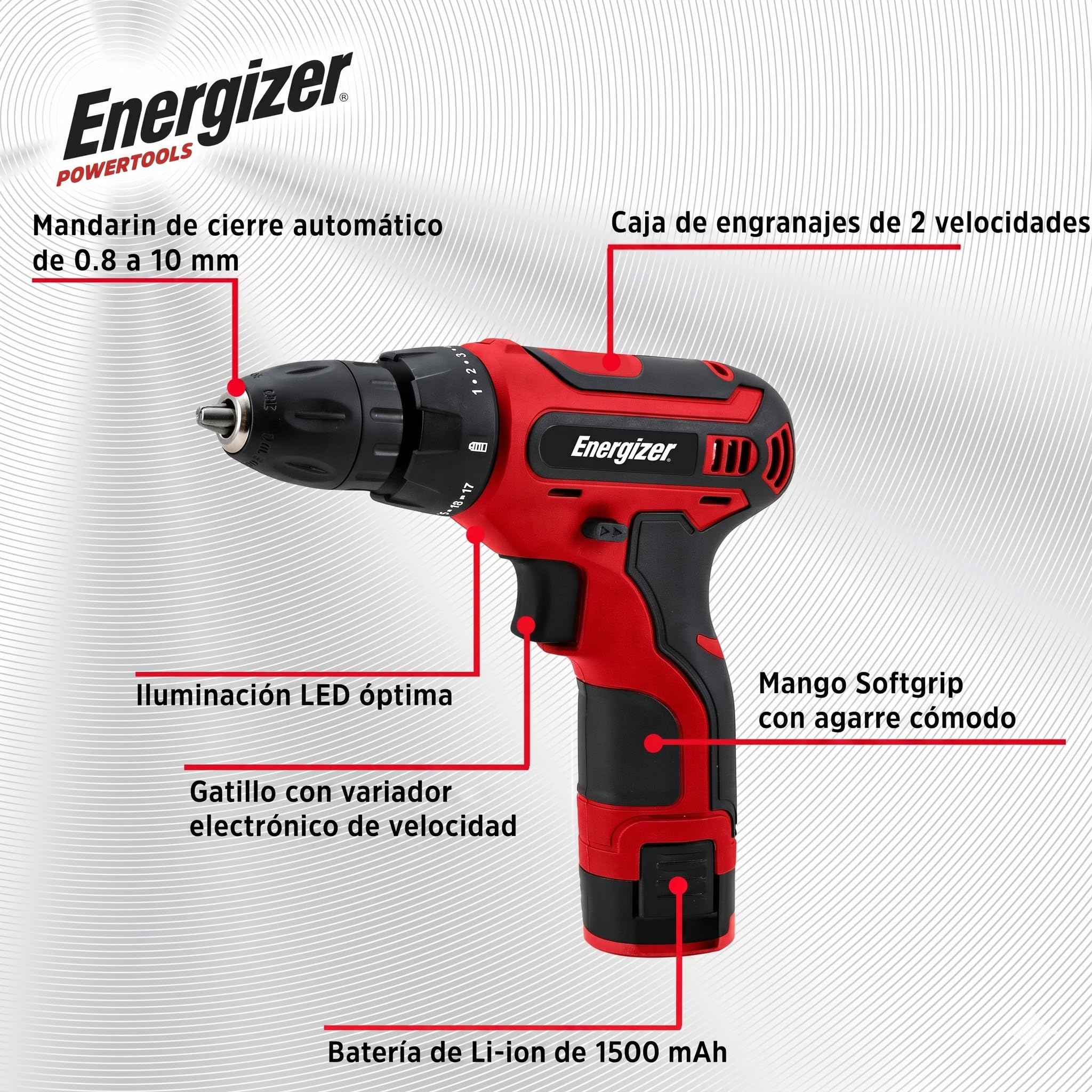 Destornillador inalámbrico Energizer de 12 V – Batería recargable integrada – 25 Nm – Mandril de 10 mm – Cable USB-A/USB-C de 1,5 m – Mango de agarre suave
