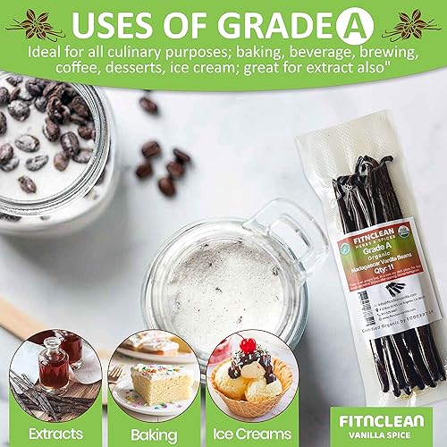 Miniatura 4 de FITNCLEAN - 11 vainas de vainilla orgánicas de Madagascar de grado A, Certificado orgánico USDA.  6 pulgadas de longitud para extracto, cocinar y