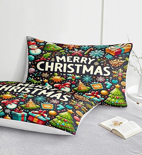 Miniatura 7 de Herside Juego de funda de edredón de Navidad, tamaño Queen, colorido patrón navideño impreso, bonita decoración navideña, microfibra suave, funda de