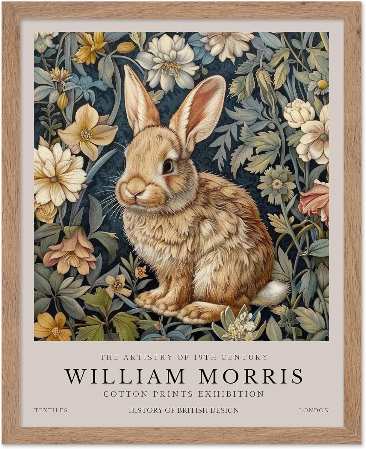 Monem Art William Morris Poster - Rabbit Print - Flower Art - Exhibition Piece - Animal Illustration - Floral Design - Bunny Portrait - Aesthetic Office or Bedroom Decor - 8x10 Beige Framed