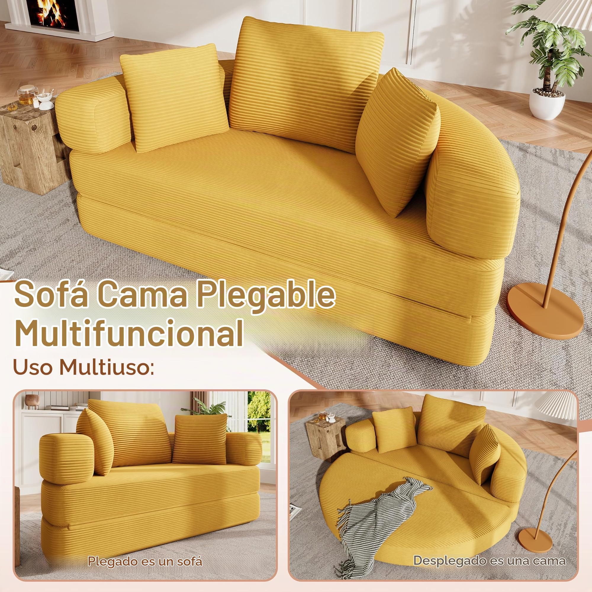 Sofá cama plegable multifuncional (Boneless Sofá) – Cama ovalada con cojines, sofá modular, funda de pana (173 x 176 cm), adecuado para apartamentos, salones, dormitorios (amarillo)