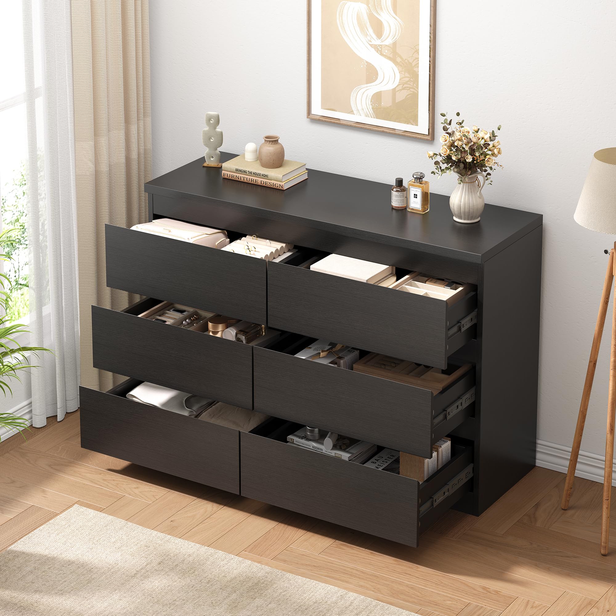 modern black 6 drawer dresser - simply chest of drawers for bedroom, closet, living room, hallway, entryway, wood storage double dresser with smooth metal rails - black