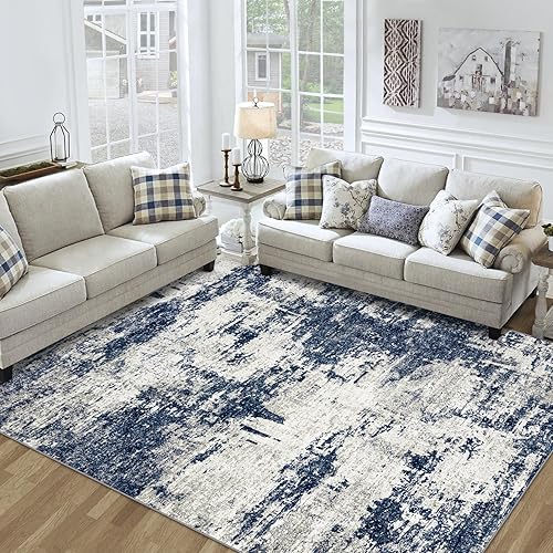 8x10 Area Rug for Living Room Bedroom: Abstract Washable Rug with Anti-Slip Backing Non-Shedding Stain-Resistant Soft Large Carpet for Dining Room Nursery Home Office - Gray/Blue