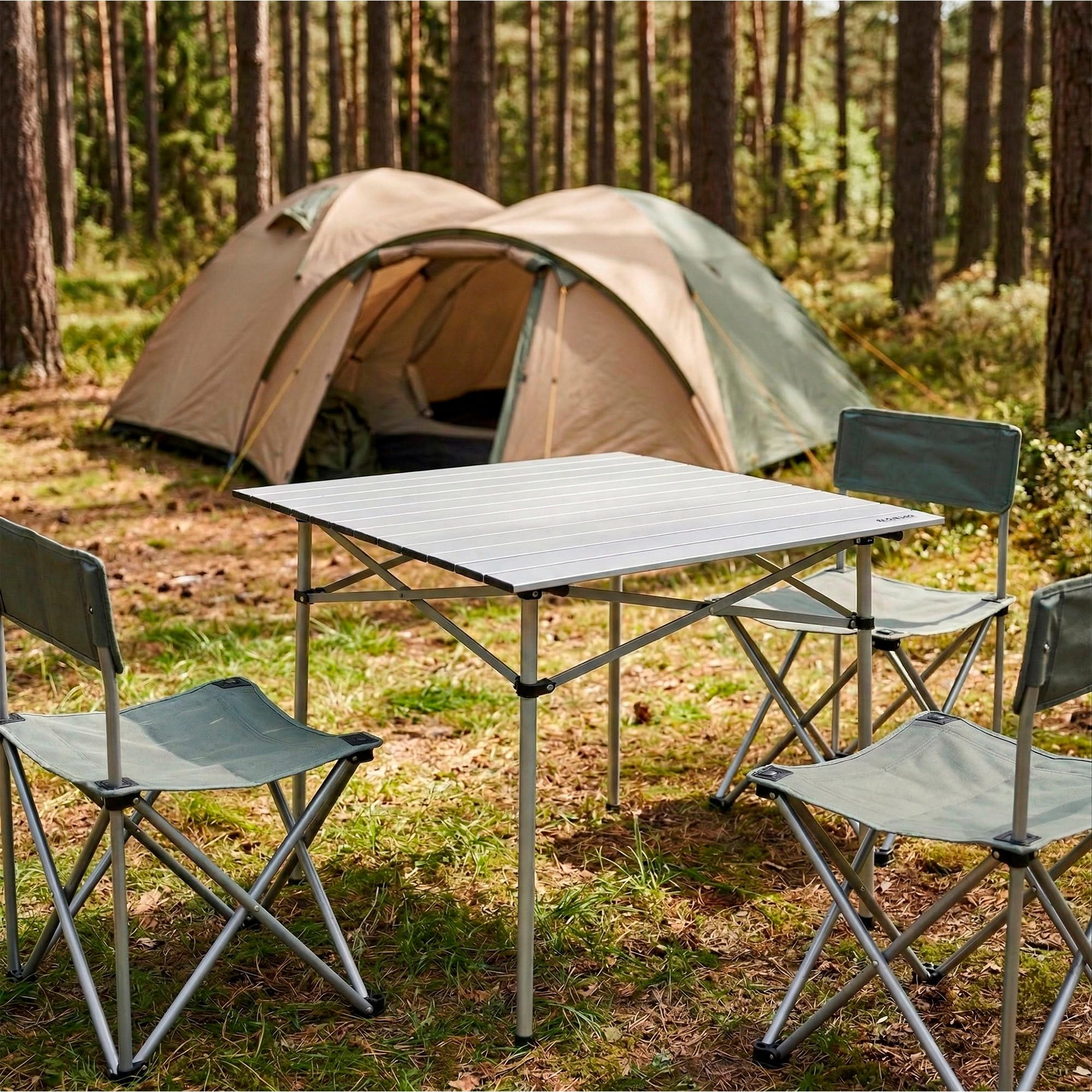 AKTIVE Mesa plegable ligera, Mesa camping aluminio, Tablero laminado, 70x70x70 cm, con bolsa de transporte, topes antideslizantes, para 4 personas (52840)