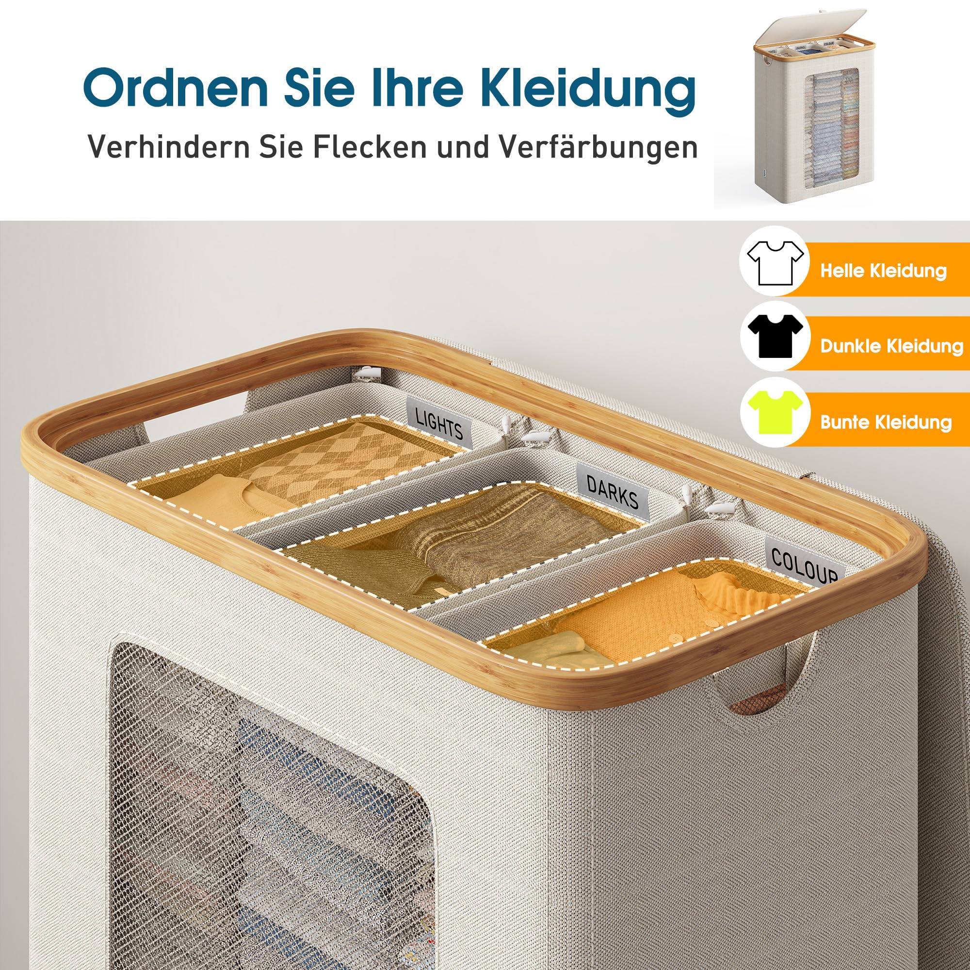 Wäschekorb 3 Fächer 160L, Wäschesammler mit Deckel, Bambusrahmen und 600D wasserdichtem Oxford Stoff, mit 3 herausnehmbaren Innentaschen für Schlafzimmer und Badezimmer, Beige