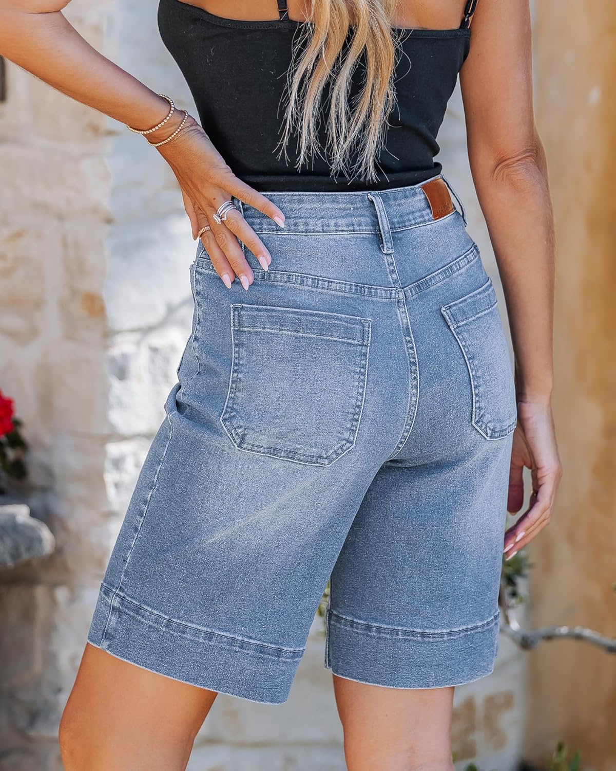 luvamia Bermuda Shorts for Women High Waisted Trendy Patch Pocket Casual Vintage Long Stretchy Denim Shorts Summer Jorts - Image 2