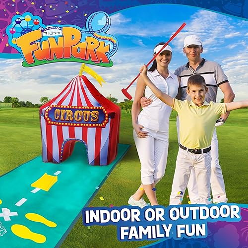 Miniatura 2 de FunPark - Juego de minigolf inflable  Campo de 13 piezas con palos ajustables, pelotas, copas de putting, tapetes verdes y obstáculos temáticos para