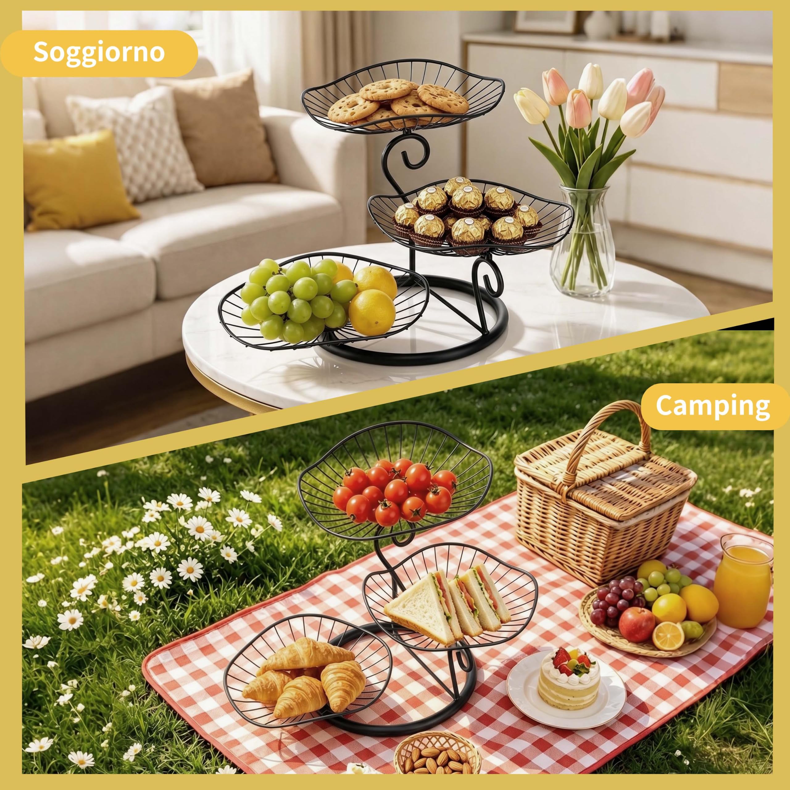 Mihoho Portafrutta con 3 Ripiani，Porta Frutta da Tavolo a Piani, Cesto Portafrutta a Ripiani per Verdura,per Risparmiare Spazio, per Dolci e Verdure (Nero Q)