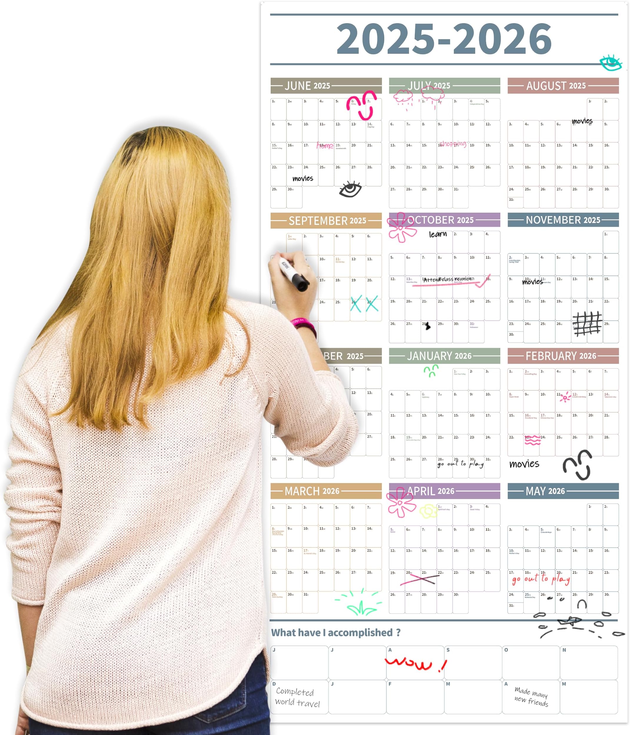 GuassLee Large 2024 Wall Calendar - Double Sided Reusable Paper Calendar Runs from Jan. 2024 to Dec. 2024, with Double-Printed Whole Year Calendar Reference for Wall Work Study Home