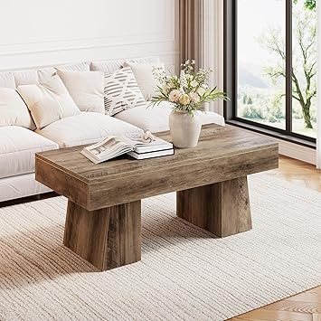 LITTLE TREE Farmhouse Coffee Table, 47 Inches Wooden Rectangular Accent Center Tables with Thick Base, Modern Low Cocktail Tea Furniture for Living Room (Rustic Brown)