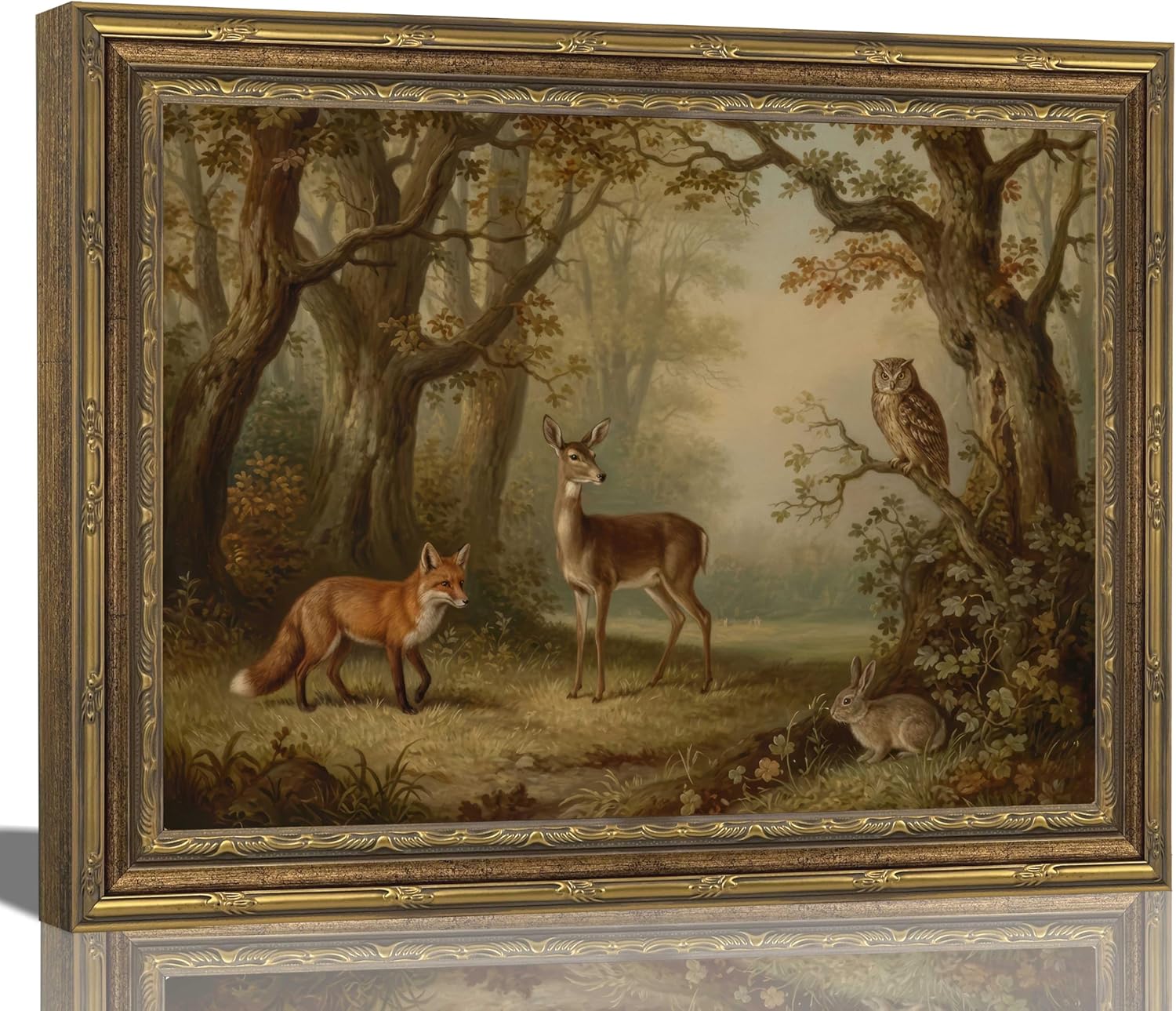 Vintage Gold Framed Wall Art Moody Woodland Animals Wall Art Whimsical Forest Deer Fox Rabbit Owl Wall Decor Picture Cottagecore Rustic Nature Landscape Poster Print for Living Room Bedroom 12x16in