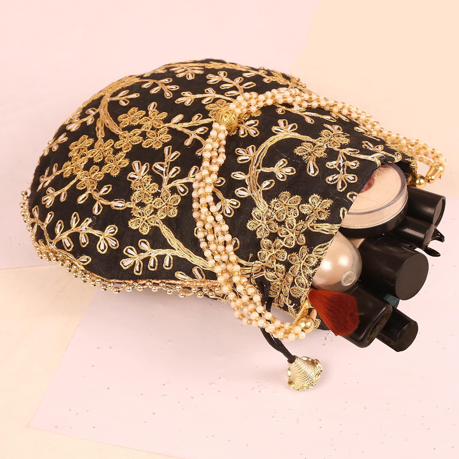 Touchstone Traditional Indian Hand Embroidered Shopping Gifts Jewelry Wedding Faux Pearls Strings Drawstring Bag for Women. - Image 9