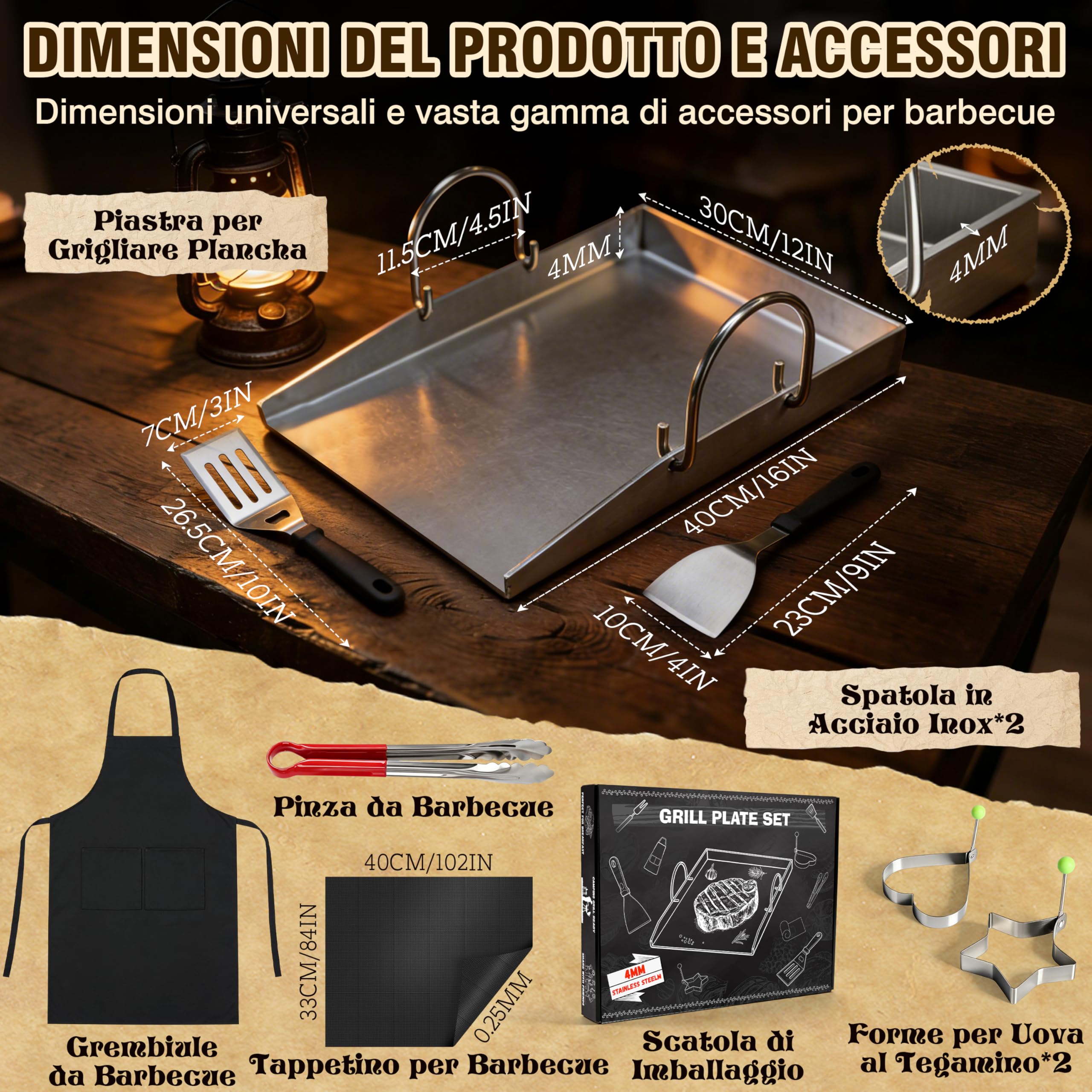 JONRRYIN Piastra Acciaio Inox Barbecue 40 x 30 cm, Plancha in Acciaio Inox per Barbecue Gas con 2 Spatole e Manico Rimovibile per BBQ a Gas e BBQ a Carbone (Tre spigoli)