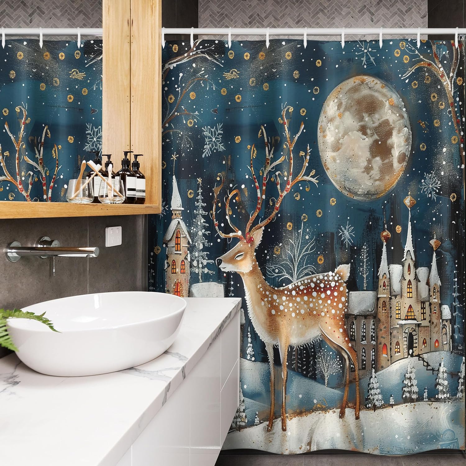 Ambesonne Christmas Stall Shower Curtain, Xmas Eve Starry Night in Snowy Town with Starry Sky Reindeer and Moon, Fabric Bathroom Decor Set with Hooks, 54" W x 78" L, Cocoa Dark Slate Blue