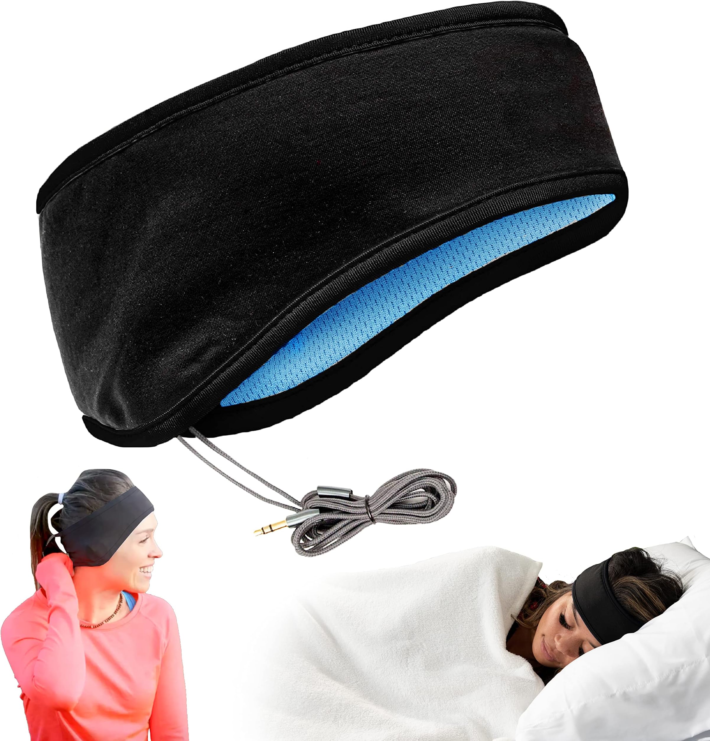 Sleep Headphones by CozyPhones - Ultra Thin Cool Mesh Wired Over-Ear Headphones for Side Sleeping, Meditation, Running, Laptops, Cell Phones - Black with Blue Liner