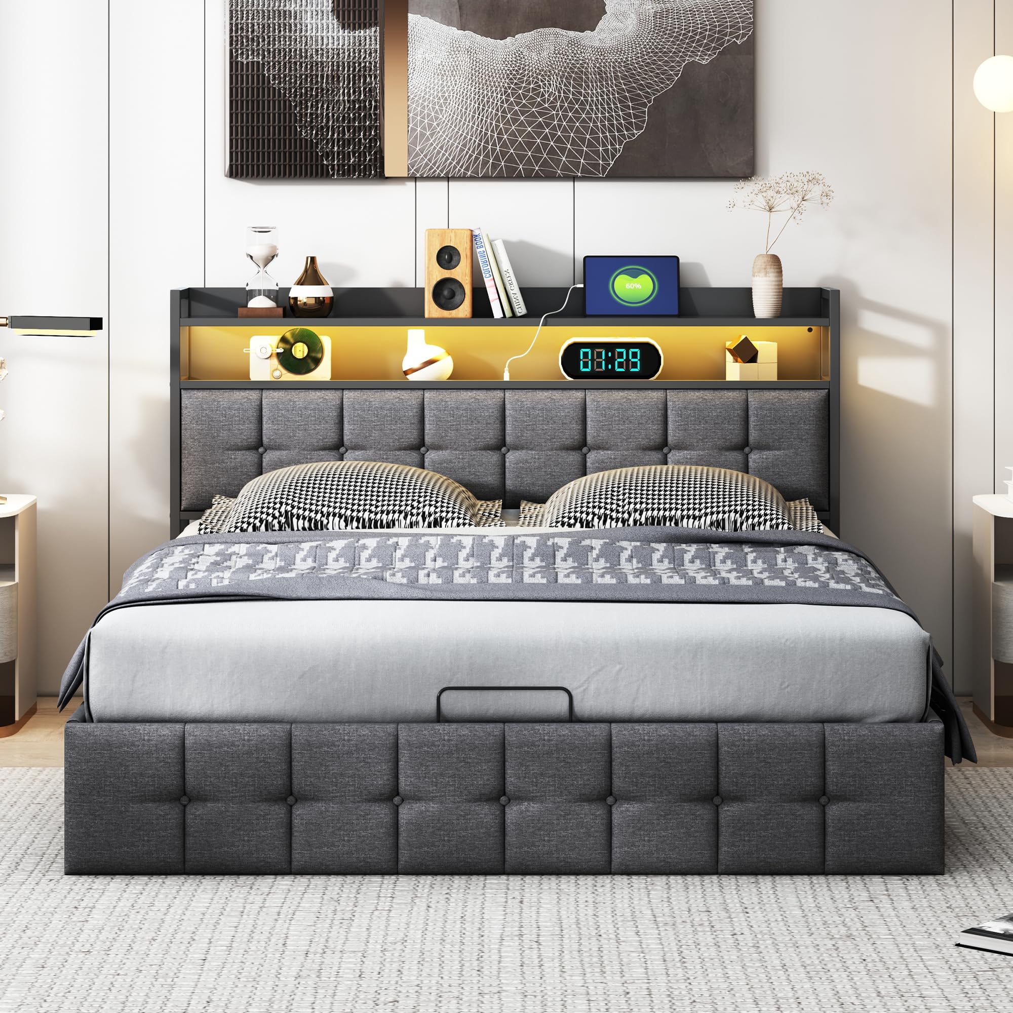 Letto imbottito 140 x 190 cm con spazio e rete a doghe, letto matrimoniale idraulico con funzione di ricarica USB e testiera LED, per adulti e ragazzi (nero+lino, 140 x 190 cm)
