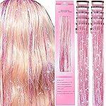 Clip in Hair Tinsel 12 Pcs Hair Tinsel Kit for Girls 22 Inch Glitter Colorful Heat Resistant Party Festival Hair Accessories for Women Kids(Pink)