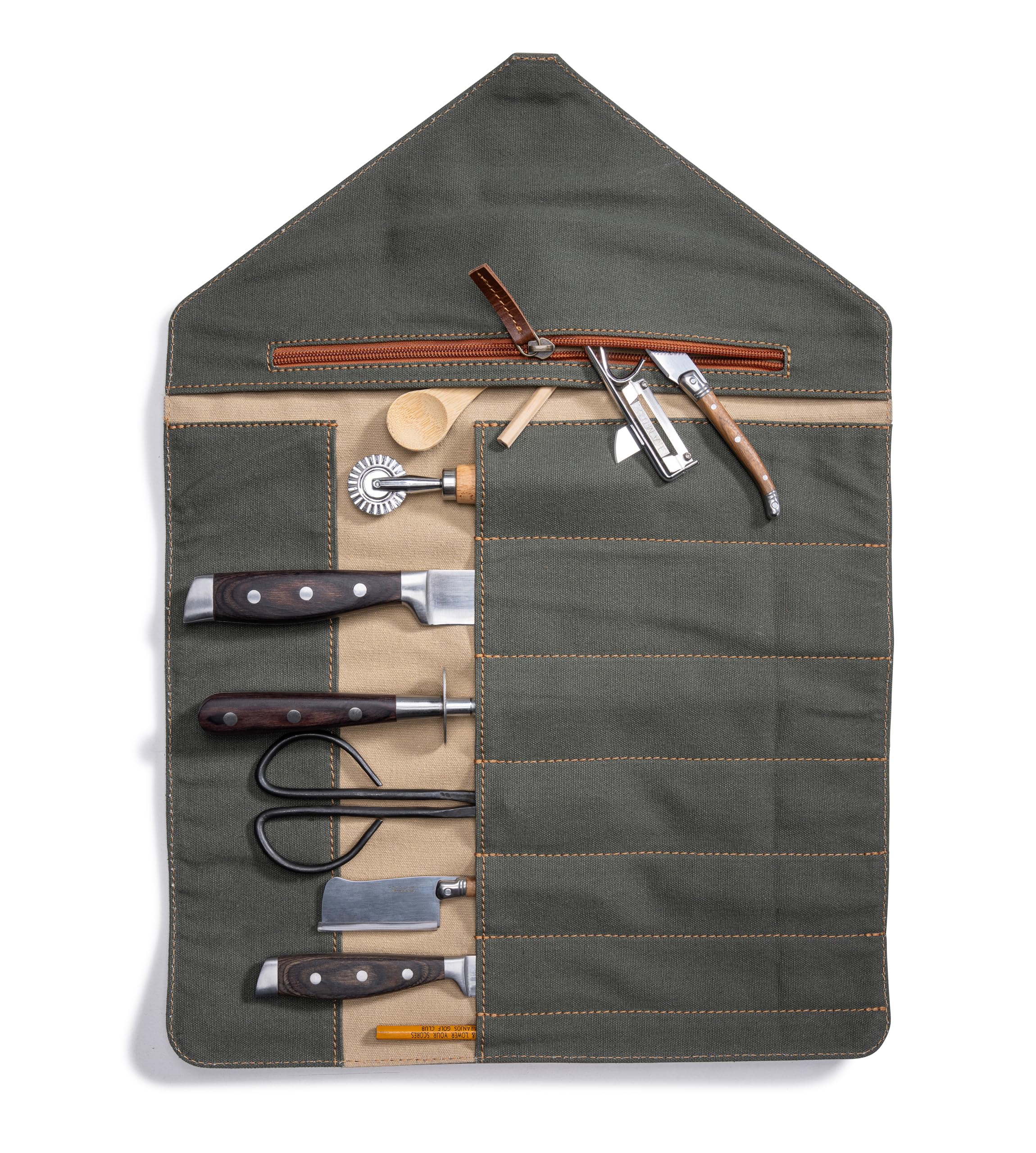 Angus Stoke Gordon - Astuccio per coltelli da cuoco, in pelle di bufalo, con 7 scomparti aggiuntivi, Marrone, 57 cm x 57 cm x 38 cm, borsa coltelli