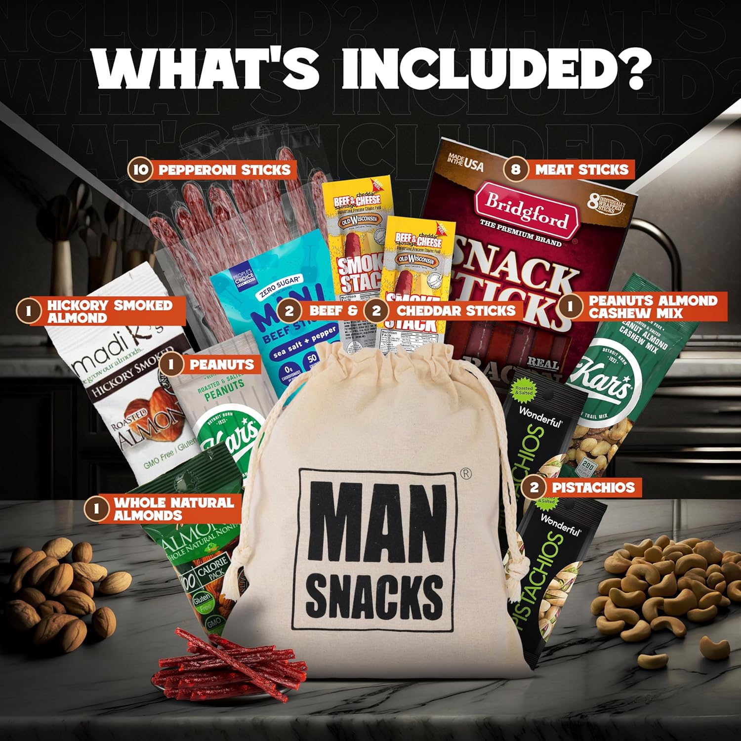 ManSnacks Deluxe Jerky & Nuts Gift Basket for Men - 28 pc - Large Variety of Beef Jerky Sticks, Pepperoni Sticks, Cheese Sticks, Almonds, Peanuts & Pistachios, in a Manly Gift Bag