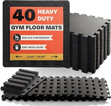MATANA - 40 Pack Interlocking Foam Floor Mats - Home Exercise, Gym Flooring Tiles - 10mm Thick EVA Non-Slip Waterproof Mat Set - 30 x 30cm 3.3 m  / 35.6 ft