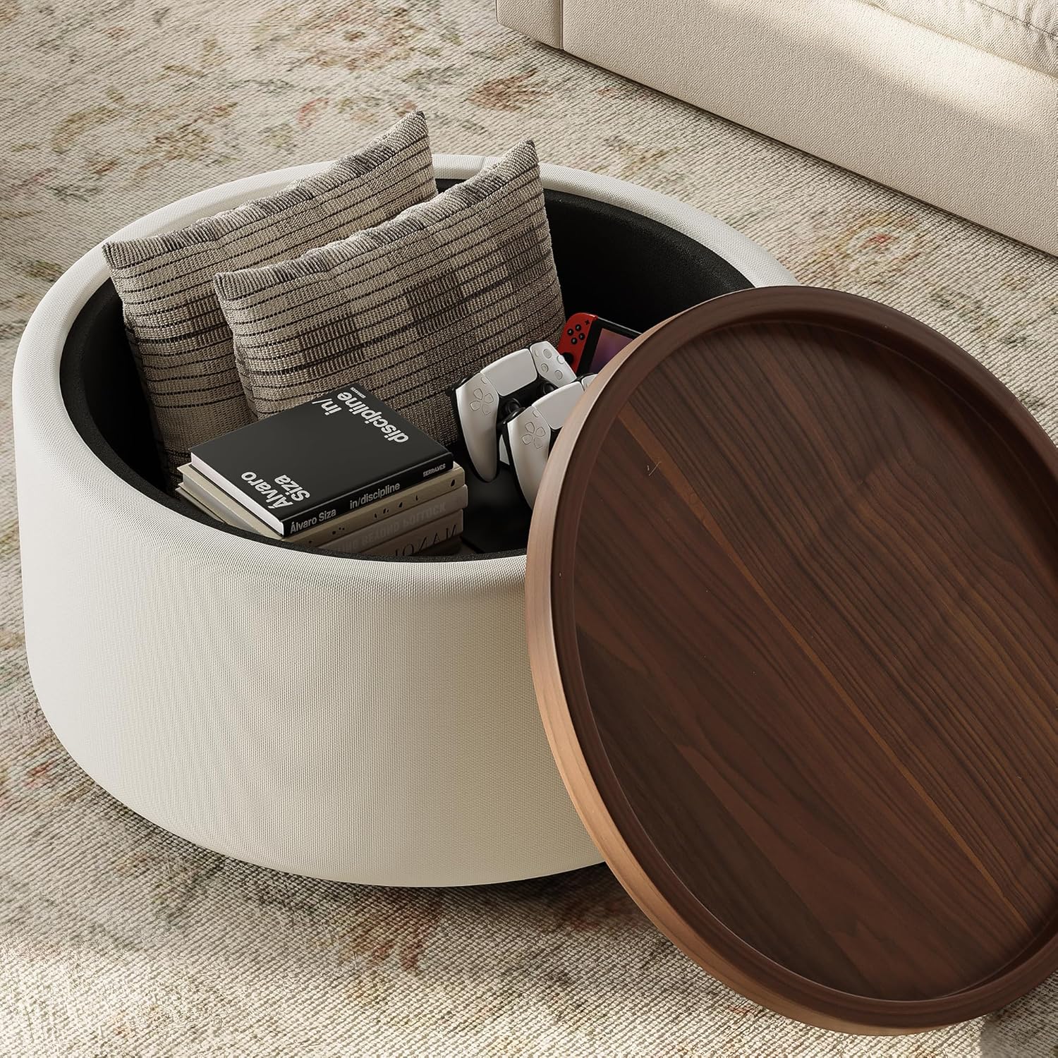 Round Storage Ottoman Coffee Table with Walnut Tray, 30'' Round Ottoman with Storage, Modern Upholstered Coffee Table with with 4 Casters for Living Room, Linen Fabric, Beige