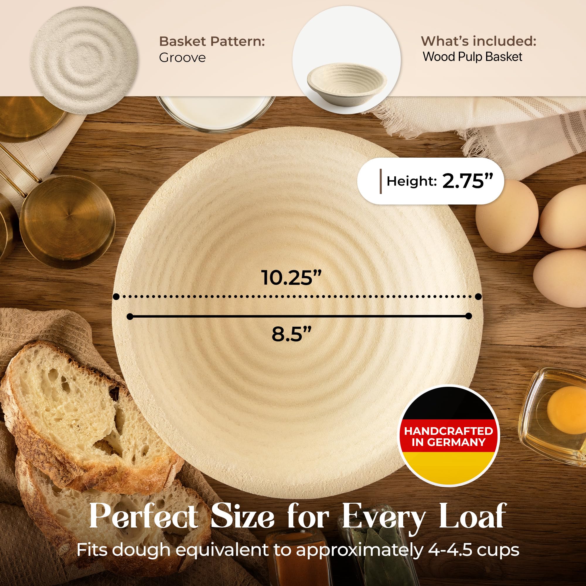 Cestino rotondo per lievitazione pane in polpa di legno da 25,4 cm, 1 kg, motivo scanalato, antiaderente, in polpa di legno naturale pressata per una maggiore durata, realizzato in Germania, per