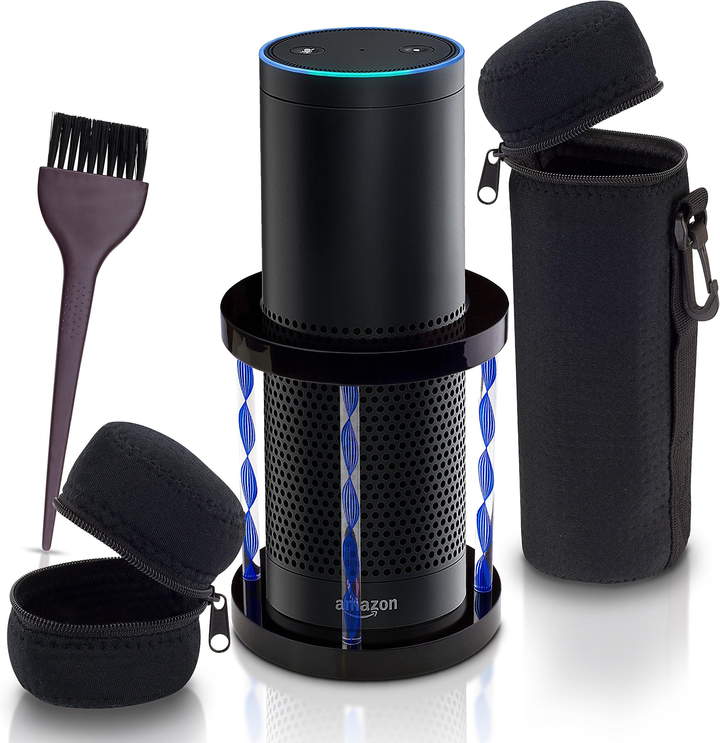 Amazon Echo Plus and UE Boom Speaker Stand: Indoor/Outdoor Stylish Black Holder for Alexa with Carrying Case, Charger Case and Anti-Static Brush