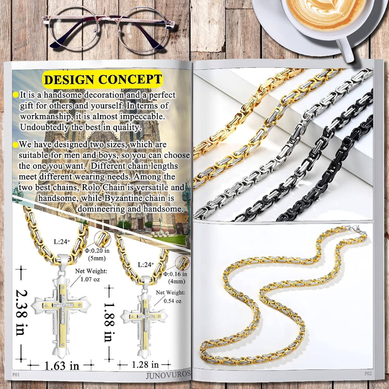 JUNOVUROS Stainless Steel Jesus Christ Cross Pendant Necklace for Men, 20 to 28 In Rolo/Byzantine Chain, 2 Sizes of Religious Jewelry with Silver/Gold/Black