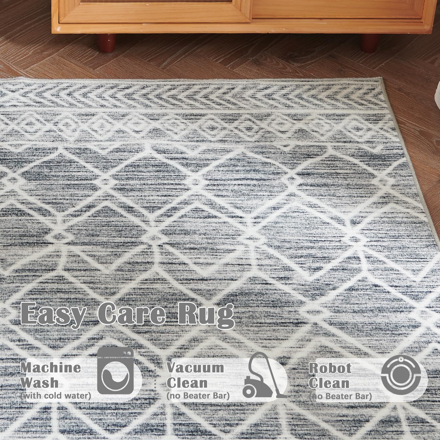 jinchan Washable Boho Area Rug 4x6 Moroccan Rug Geometric Rug Bedroom Rug Stain Resistant Non Slip Low-Pile Carpet Ultra-Thin for Living Room Kitchen Farmhouse Dining Room Office Grey