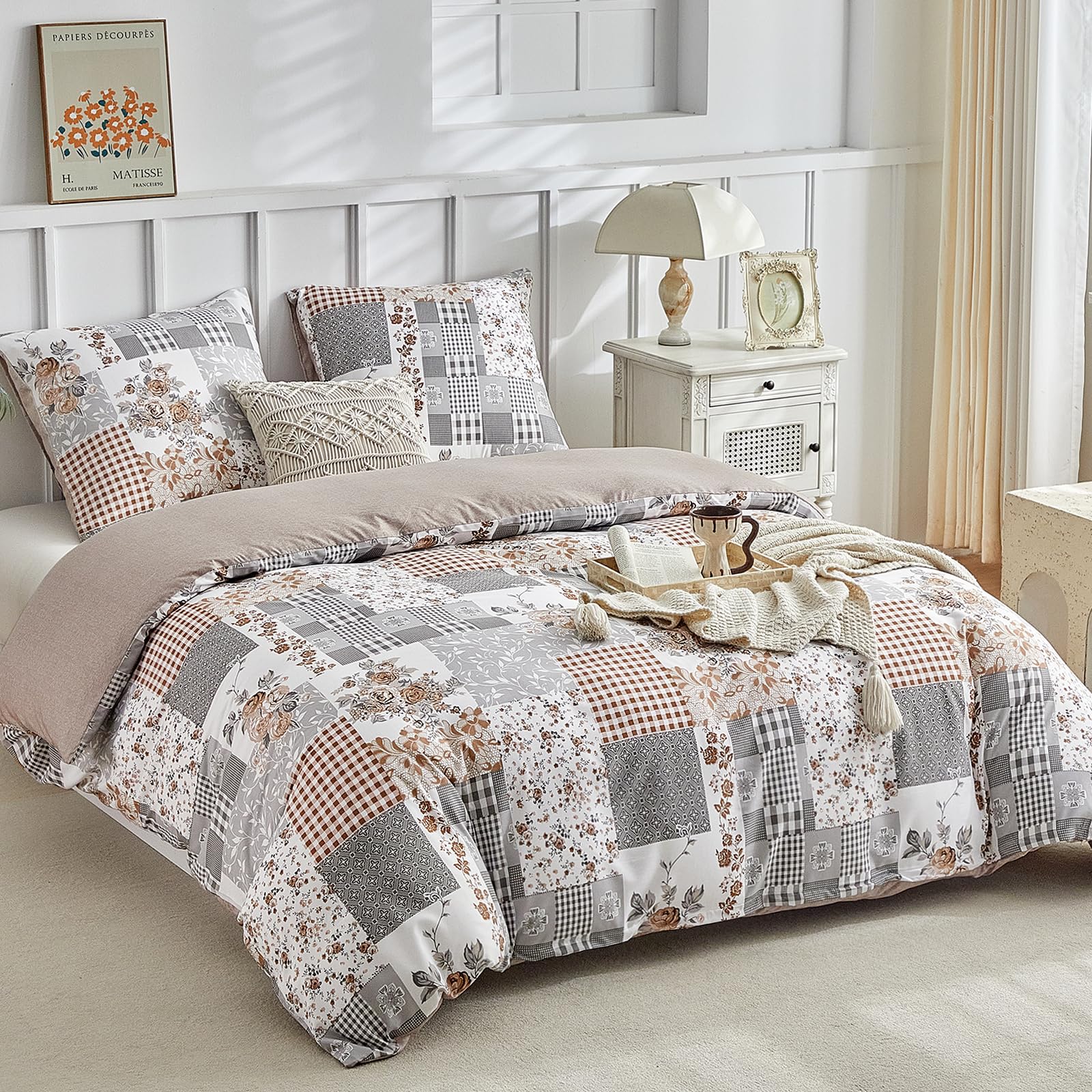 Tokokimo 4PCS Duvet Cover Sets King Size Bedding Sets, Botanical Branches Printed Grey Kingsize Duvet Cover Sets with Pillowcases and Extra Fitted Sheet, Soft Microfiber King Size Bedding Sets — view 109