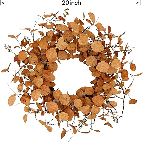 Miniatura 6 de Corona de eucalipto artificial de otoño de 20 pulgadas para puerta delantera con hojas de eucalipto naranja, ramas de vid secas, ramas de semillas