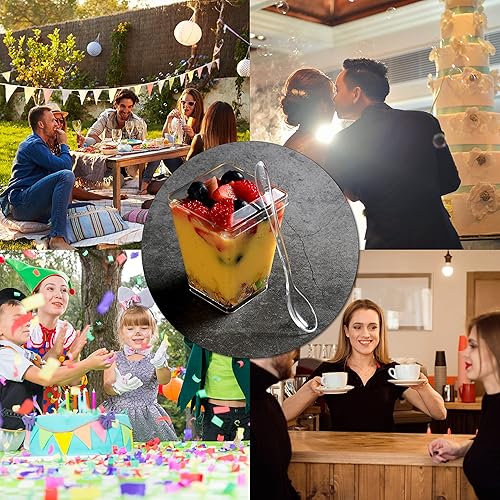 Miniatura 5 de Paquete de 50 tazas cuadradas de plástico transparente de 5 onzas con tapas y cucharas de plástico, tazas de parfait con tapas y cucharas para