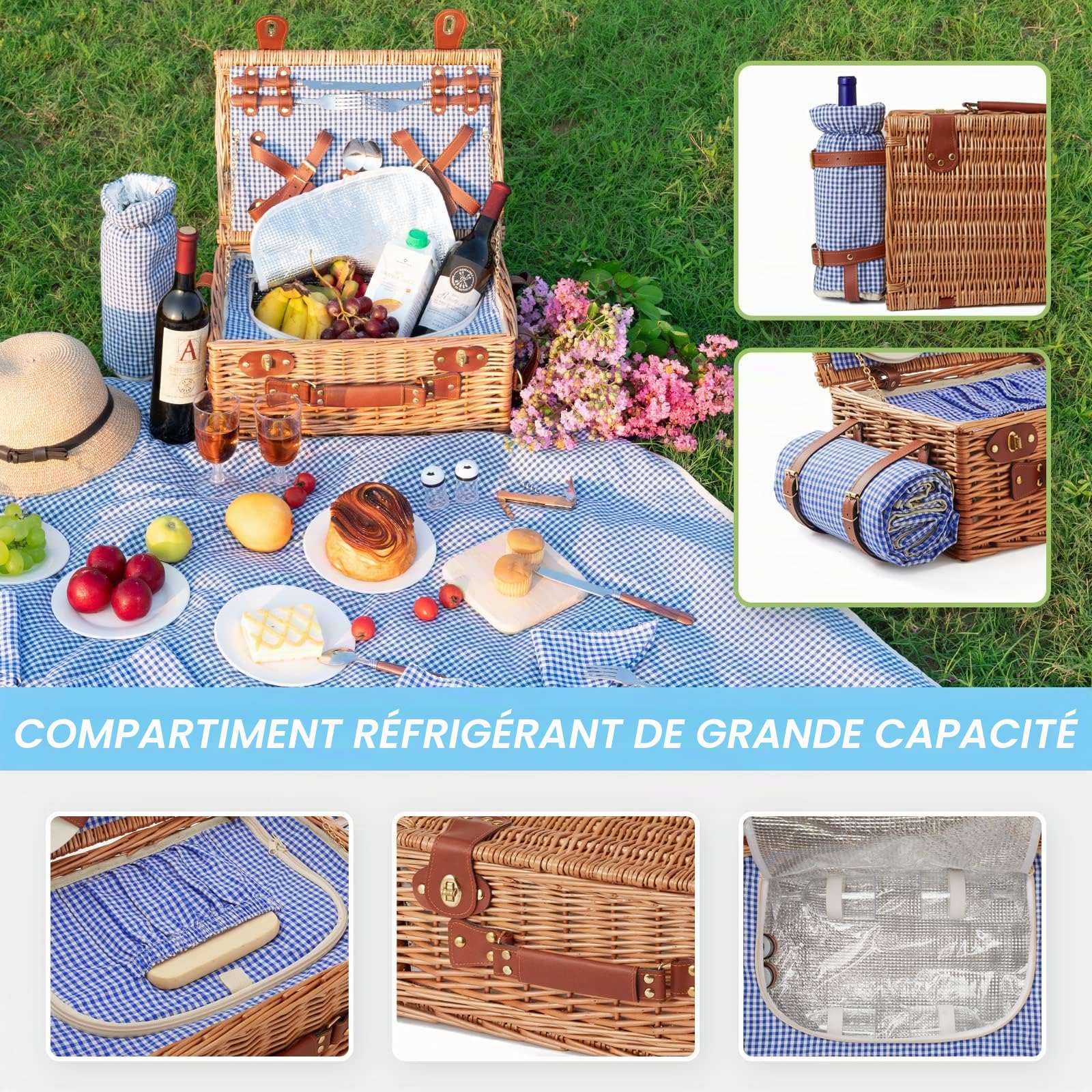 Panier de pique-nique en osier pour 4 personnes avec compartiment isotherme et couverture de pique-nique imperméable, sangle amovible, sac à vin, la randonnée, le barbecue et les couples