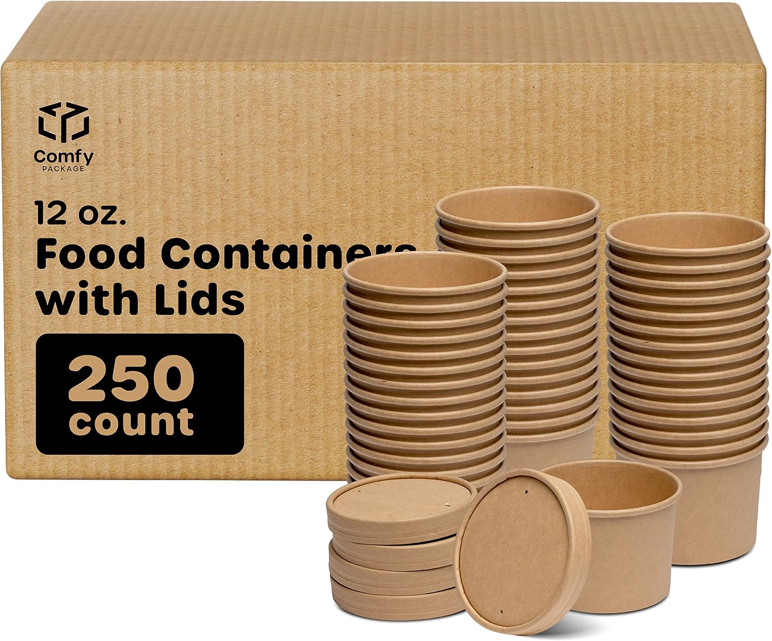 Comfy Package [Case of 250 12 oz. Kraft Paper Food Containers with Vented Lids - To Go Hot Soup Bowls, Disposable Ice Cream Cups, Ideal for Hot and Cold Foods