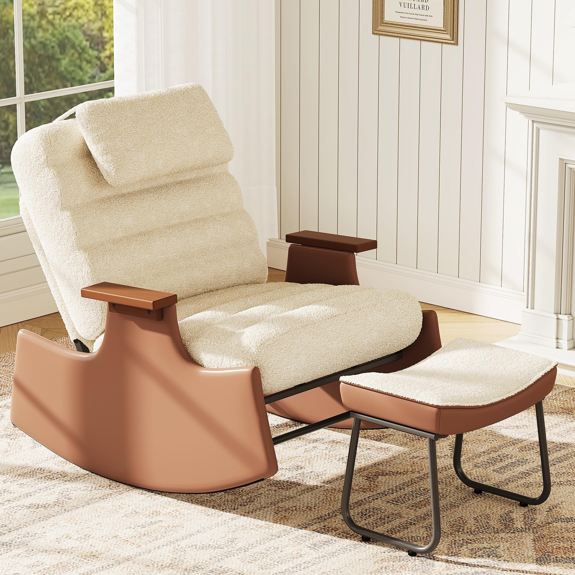 Silla mecedora con reposapiés, silla de relax para sala de estar con reposabrazos de hierro y respaldo ajustable, mecedora con reposapiés, silla silenciosa para dormitorio, jardín, terraza (Bigh-B)