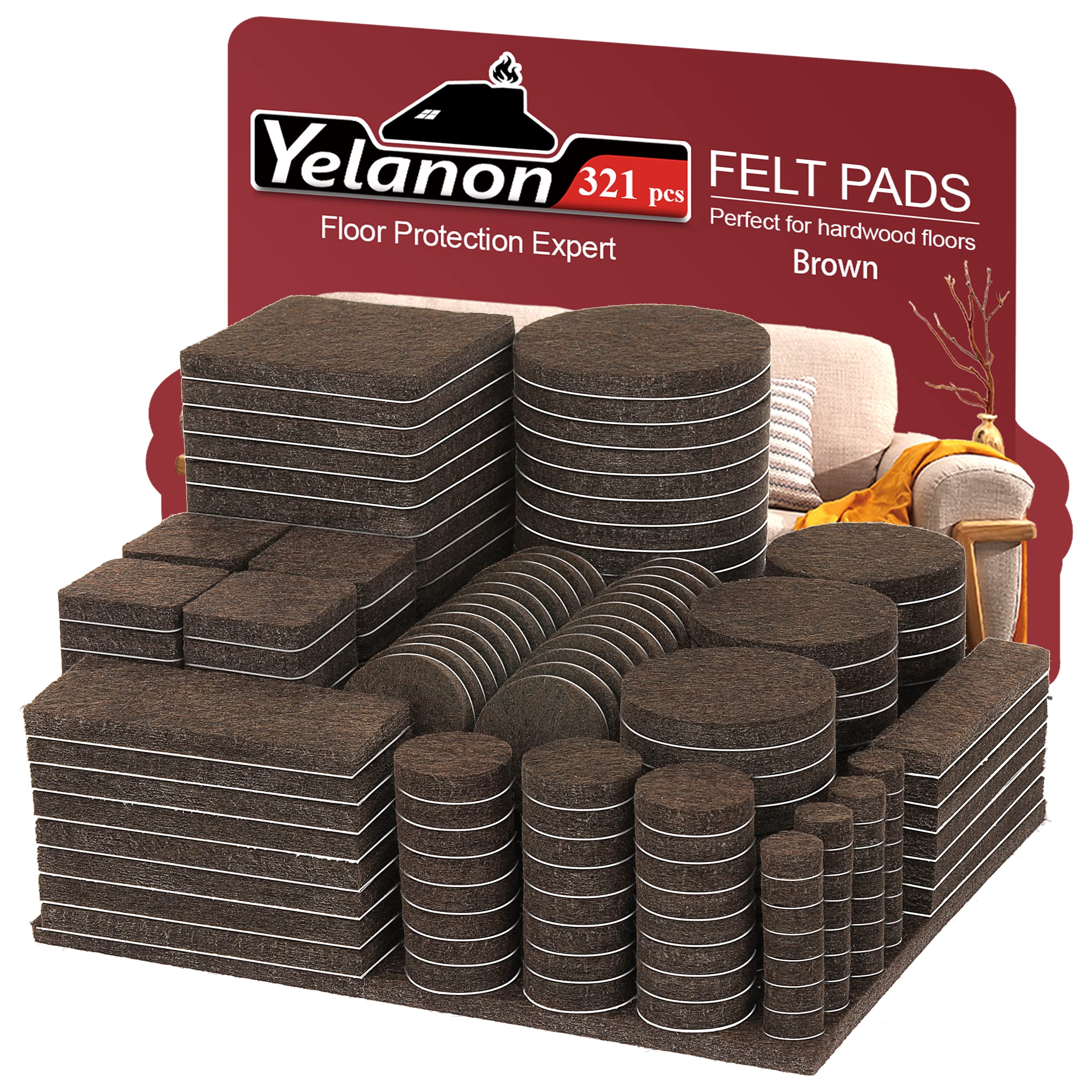 Yelanon Felt Furniture Pads - 321 Pcs Anti Scratch Floor Protectors for Hardwoods, Self Adhesive(Brown)