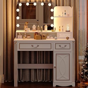 Lareth Vanity Desk with Lighted Mirror, 39.4 inch, Vintage Style, White | Makeup Table with Power Outlet, Adjustable Lights & 2 Drawers, Bedroom Vanity Dressing Table, Gifts for Teen Girls Women
