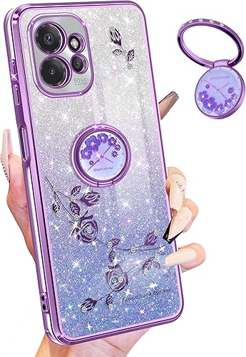 Likiyami Funda 3 en 1 para Moto G Power 5G 2023 para mujeres y niñas, con purpurina, bonitas fundas de teléfono moradas con diseño de anillo