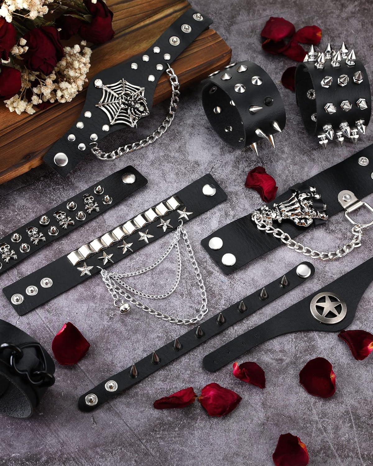 Hicarer 9 Pieces Spiked Studded Bracelet Black Leather Rivet Punk Bracelet Cuff Wrap Bangle Snap Button Metal Wristband for Men Women - Image 2