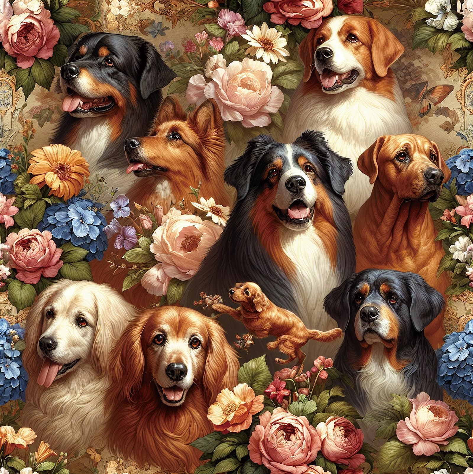 Papier peint fleurs et chiens Livelynine 44,5x200,8 cm rouleau adhesif repositionnable pour mur